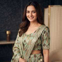 Embroidered Green Chinon Lehenga Choli - editorial-used-by