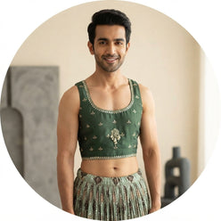 Embroidered Green Chinon Lehenga Choli - editorial-used-by