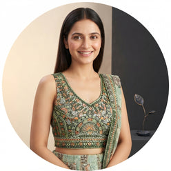 Embroidered Green Chinon Lehenga Choli - editorial-used-by